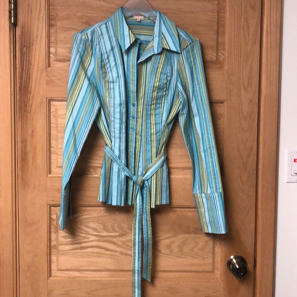 Whistles Green and Blue Striped Button Down Shirt
